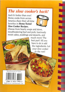 Book cover of a slow cooker recipe book with text and images of food.