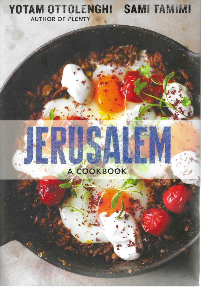 Book cover of 'Jerusalem: A Cookbook' by Yotam Ottolenghi and Sami Tamimi, featuring a dish with eggs and vegetables.