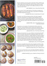 Load image into Gallery viewer, Book back cover with images of food and text about the book&#39;s authors.