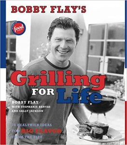 Bobby Flay's Grilling for Life is about making Espresso Rubbed BBQ Ribs with Mustard-Vinegar Basting Sauce; Bricked Rosemary Chicken with Lemon; Chinese Chicken Salad with Red Chile-Peanut Dressing; Grilled Beef Filet with Arugula and Parmesan; Grilled Salmon with Lemon, Dill, and Caper Vinaigrette; 