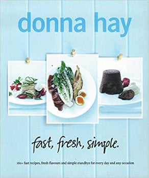 donna hay fast fresh simple  blue lettering  salad lettuce on three white plates on blue backgroundfolio