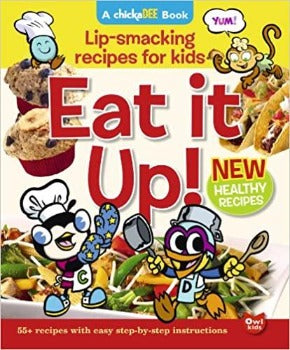 Eat It Up! with over 55 recipes, Chick and Dee cartoons creating a kids’ cookbook. Kitchen safety and easy step-by-step instructions allow children to be actively involved in the prep and cooking of meals with minimal supervision.  With a focus on savoury dinners lunches vegetarian cuisine, food allergies, nutrition 